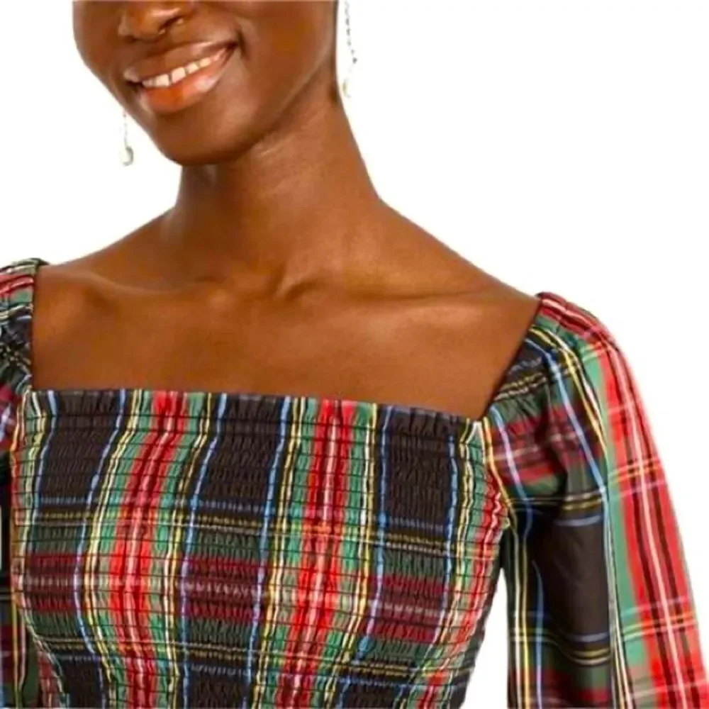 J Crew Puff-sleeve Smocked Top in Stewart Tartan NWT